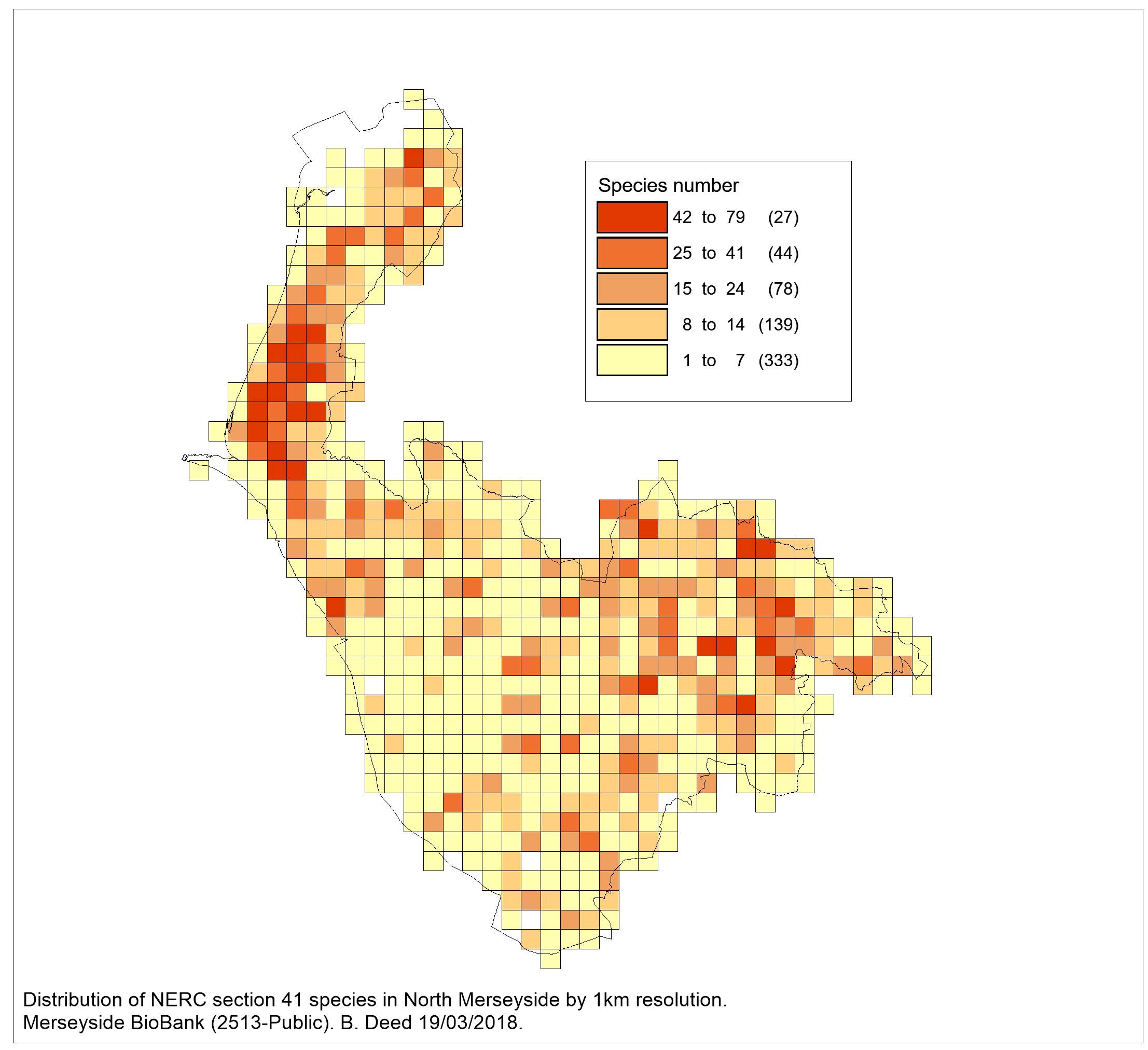 Distribution of NERC species in North Merseyside by 1km square.